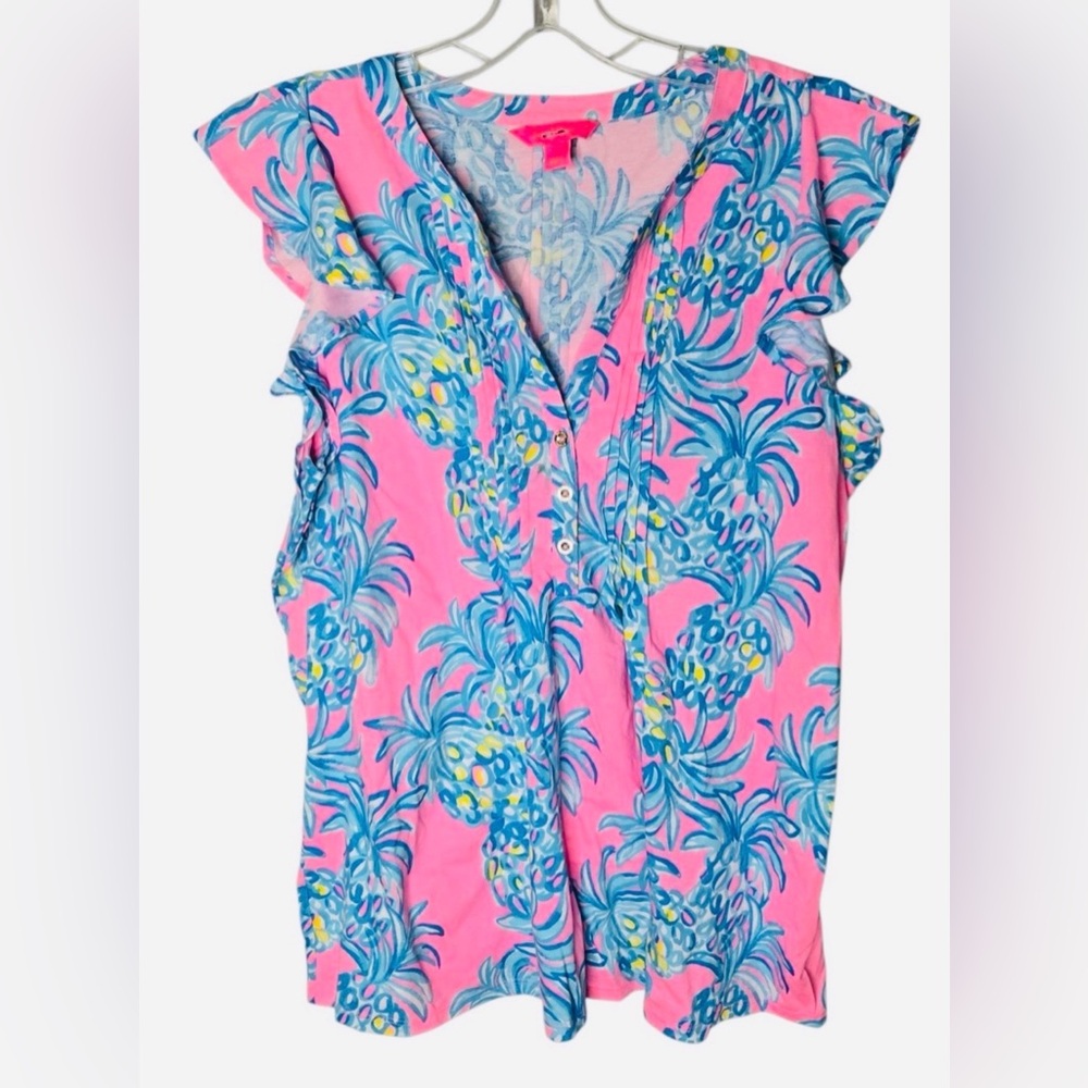 Lilly Pulitzer Women's Xl Pelican Pink Beat the Heat Ruffle Sleeve Button New